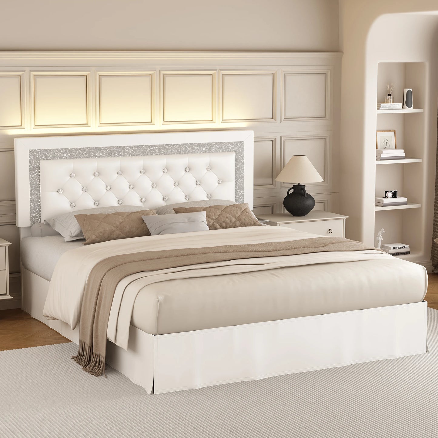 SIBEDS Queen Bed Frame with LED Lights and Adjustable Headboard