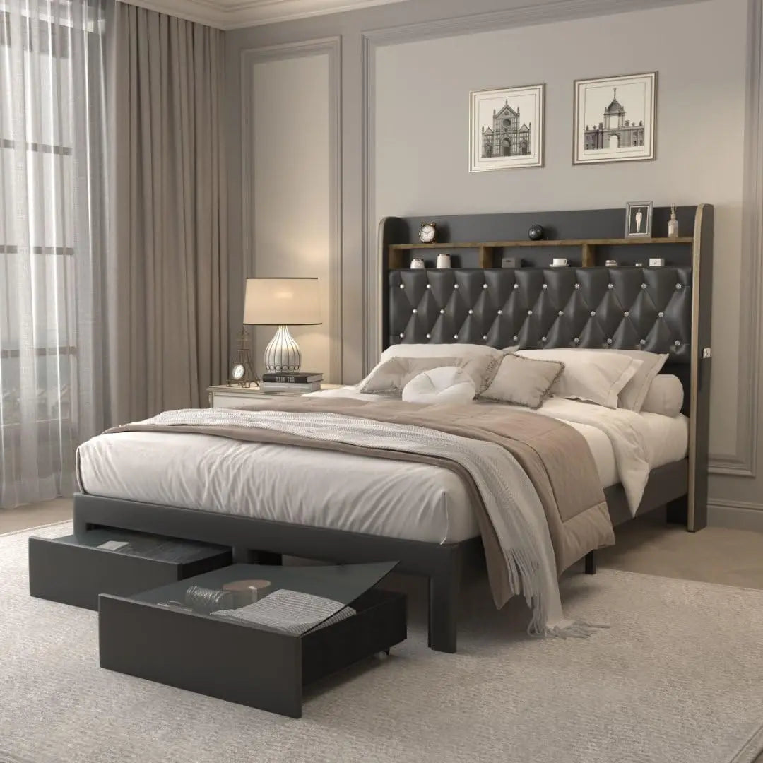 Queen LED Bed Frame with Storage and Star Projector