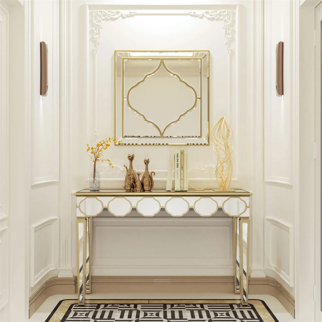 LUVODI Modern Glass Console Table with Gold Rim for Living Room