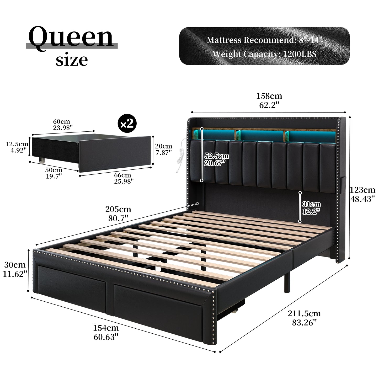 SIBEDS Queen LED Upholstered Bed Frame with Storage Drawers