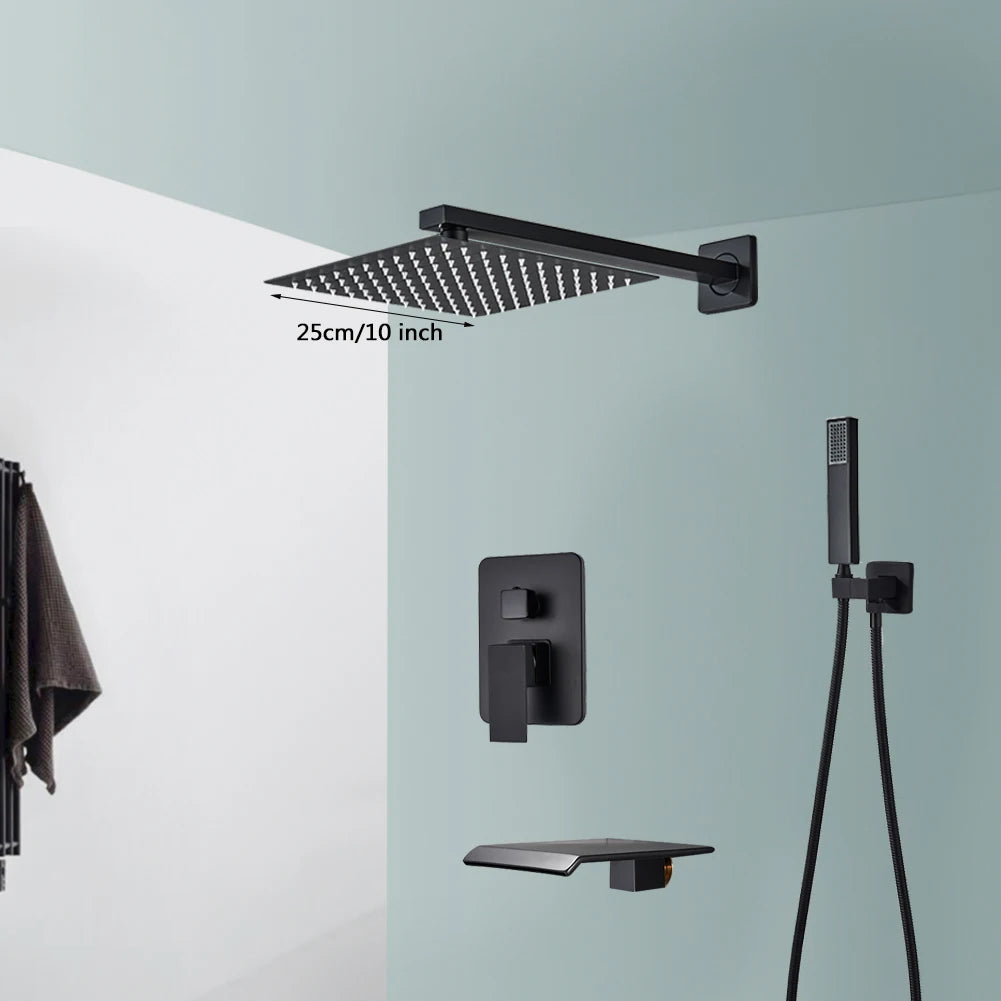 Black Wall Mounted Rainfall Shower Faucet Kit Hot Cold Mixer