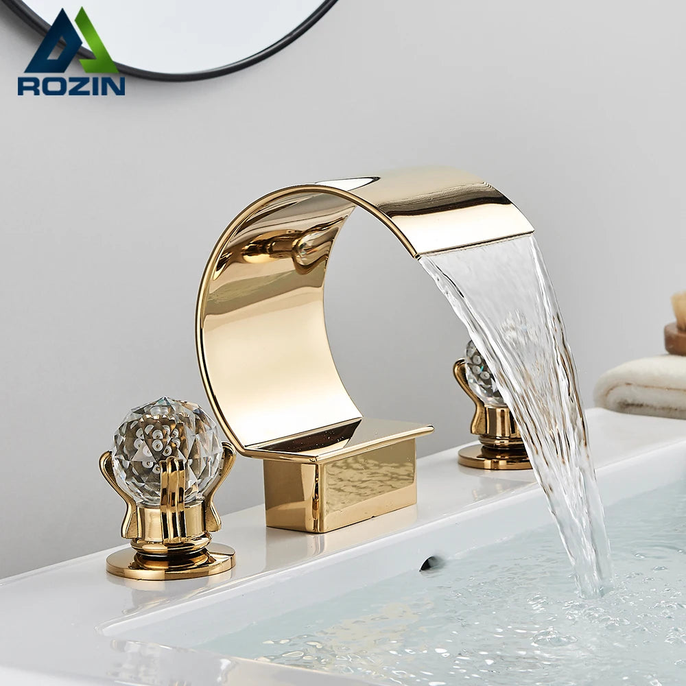 Bright Golden Waterfall Basin Faucet with Dual Crystal Handles