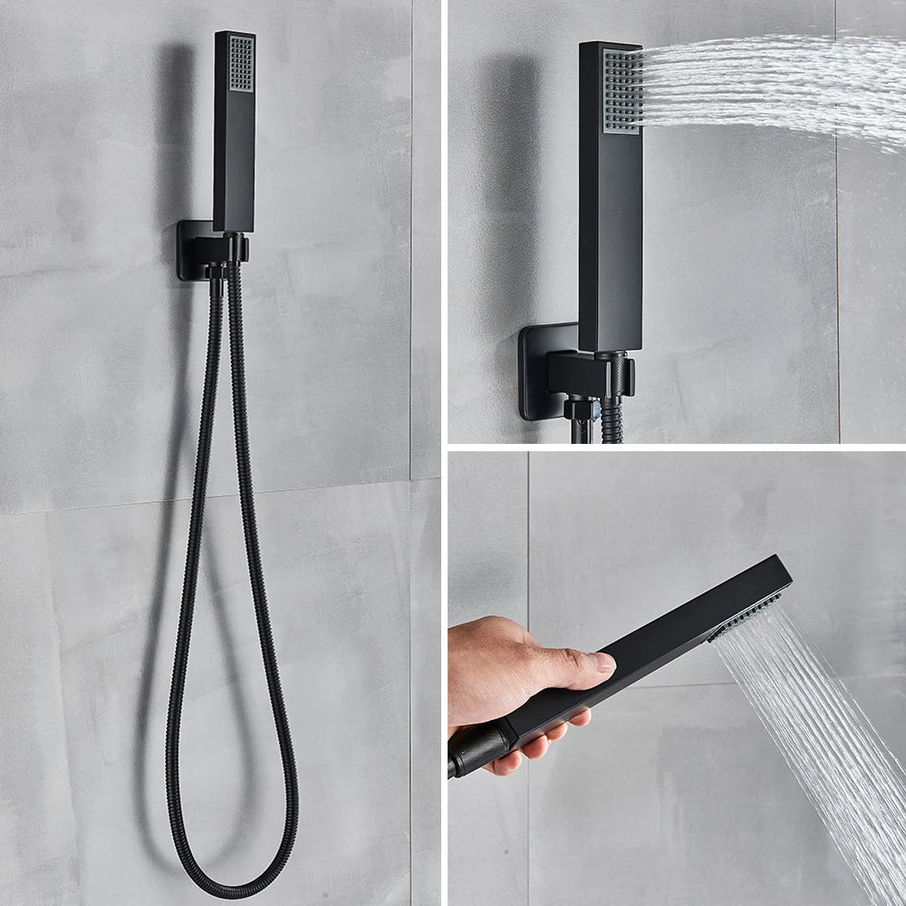Black Wall Mounted Rainfall Shower Faucet Kit Hot Cold Mixer