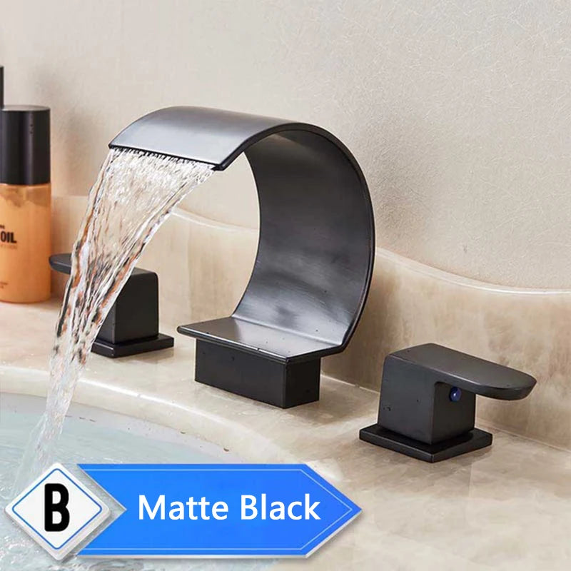 Bright Golden Waterfall Basin Faucet with Dual Crystal Handles