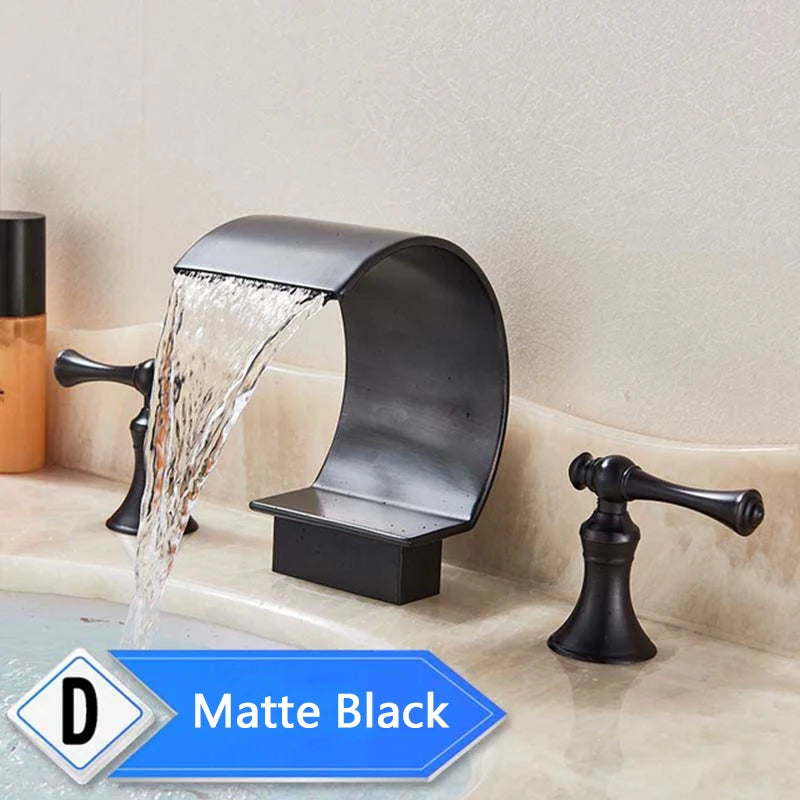 Bright Golden Waterfall Basin Faucet with Dual Crystal Handles