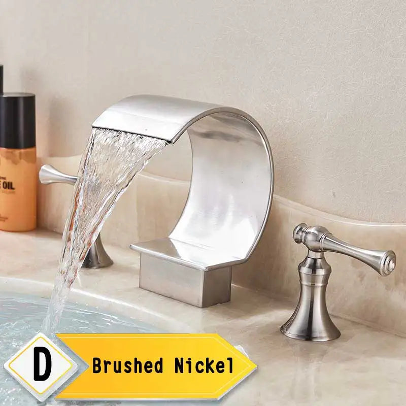 Bright Golden Waterfall Basin Faucet with Dual Crystal Handles