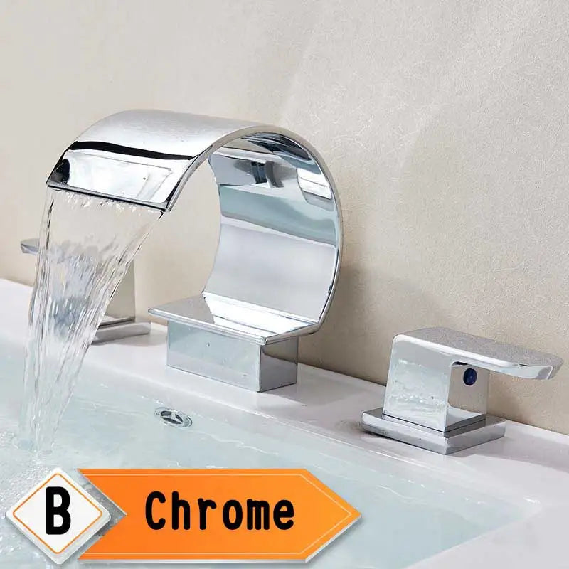 Bright Golden Waterfall Basin Faucet with Dual Crystal Handles
