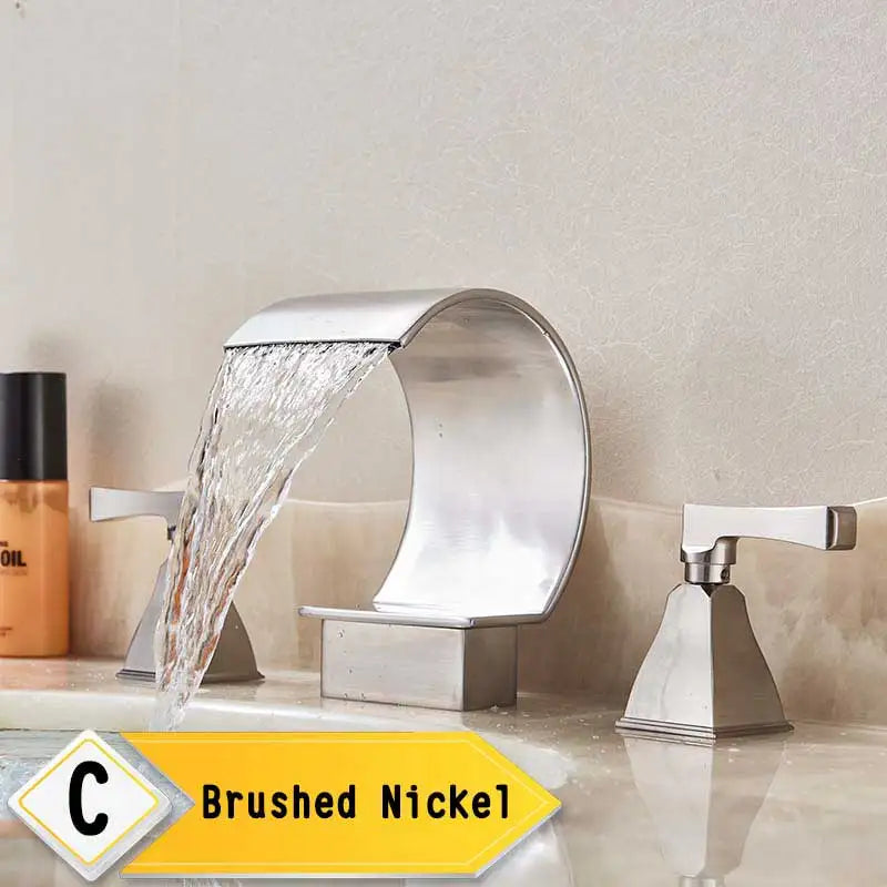 Bright Golden Waterfall Basin Faucet with Dual Crystal Handles