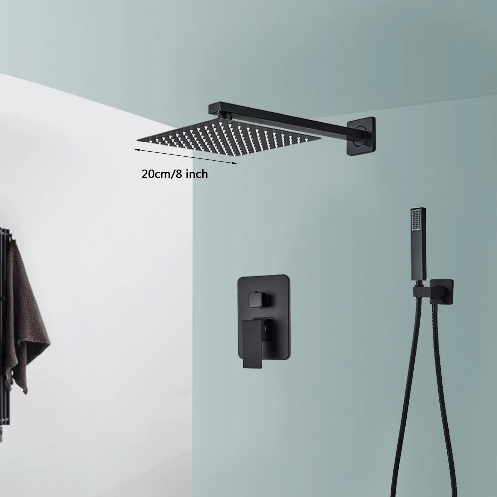 Black Wall Mounted Rainfall Shower Faucet Kit Hot Cold Mixer