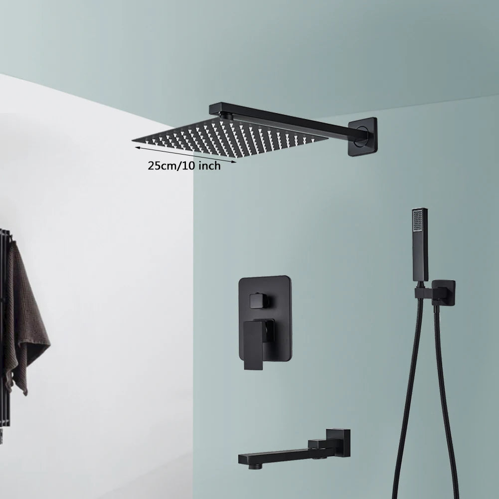 Black Wall Mounted Rainfall Shower Faucet Kit Hot Cold Mixer