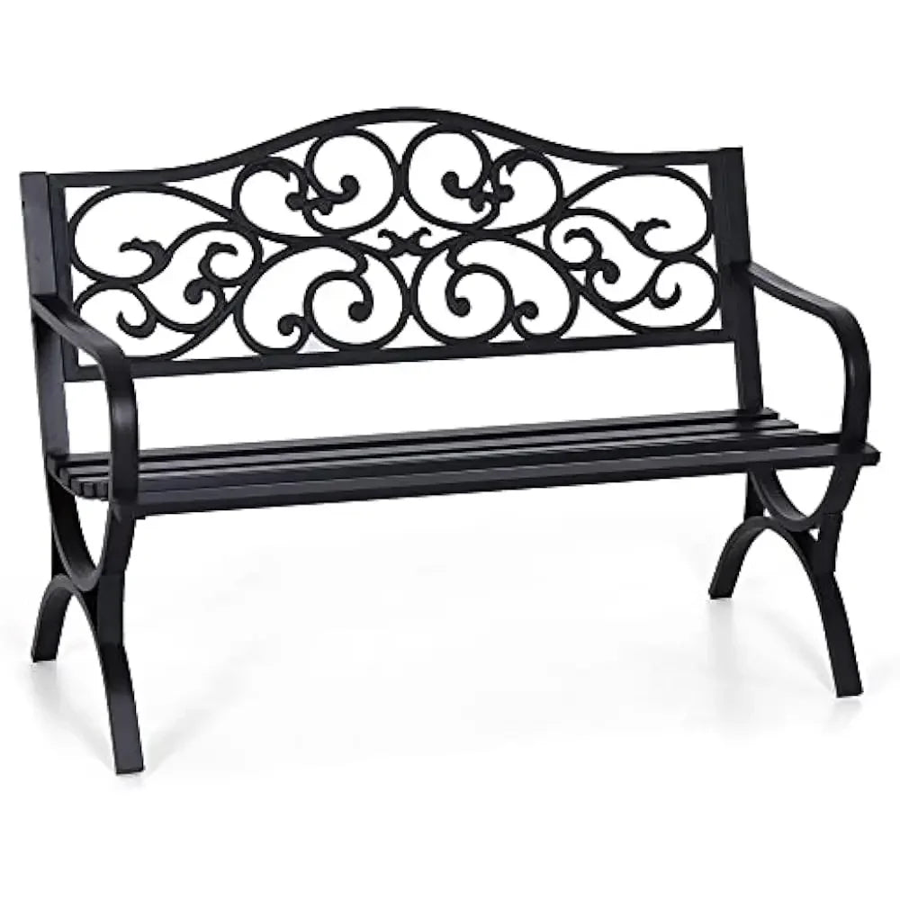50 Inch Outdoor Garden Bench with Floral Design Metal Frame