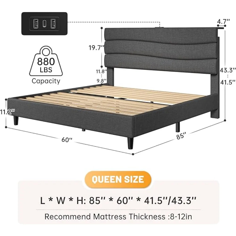 Queen Bed Frame with Upholstered Headboard and Storage Charging Station