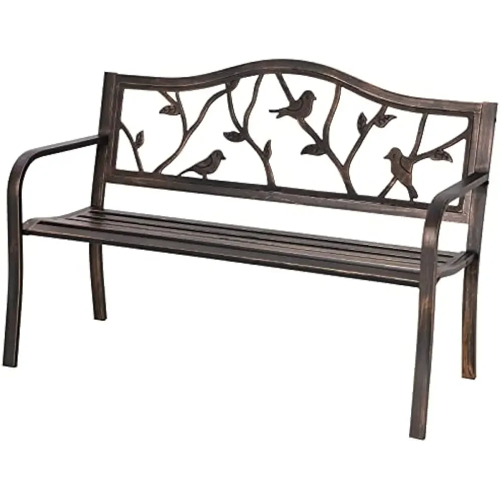 50 Inch Outdoor Garden Bench with Floral Design Metal Frame