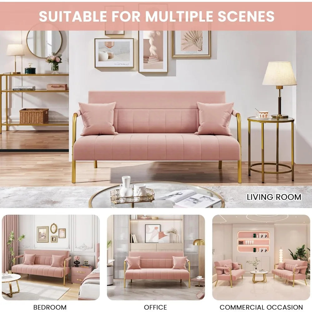 Luxurious Velvet Sofa with Gold-Tone Arms for Living Room