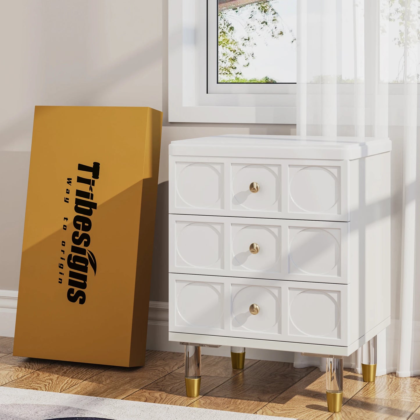 Tribesigns Modern White Gold 3-Drawer Nightstand with Storage