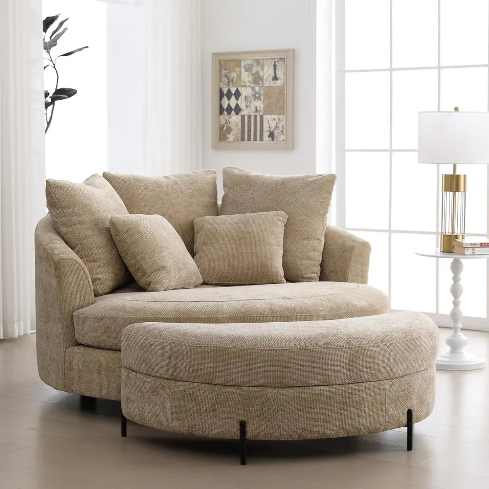 Oversized Round Barrel Chair with Ottoman for Living Room