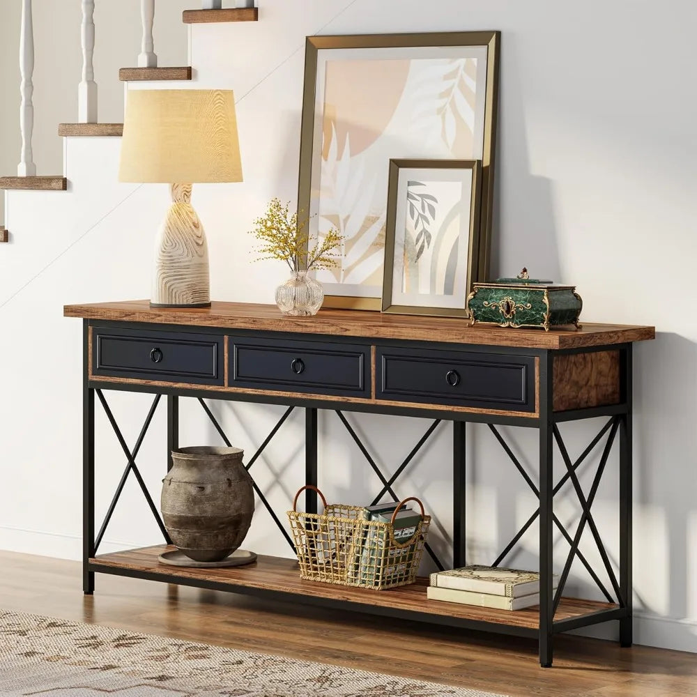 Extra Long Farmhouse Console Table with Storage Drawers