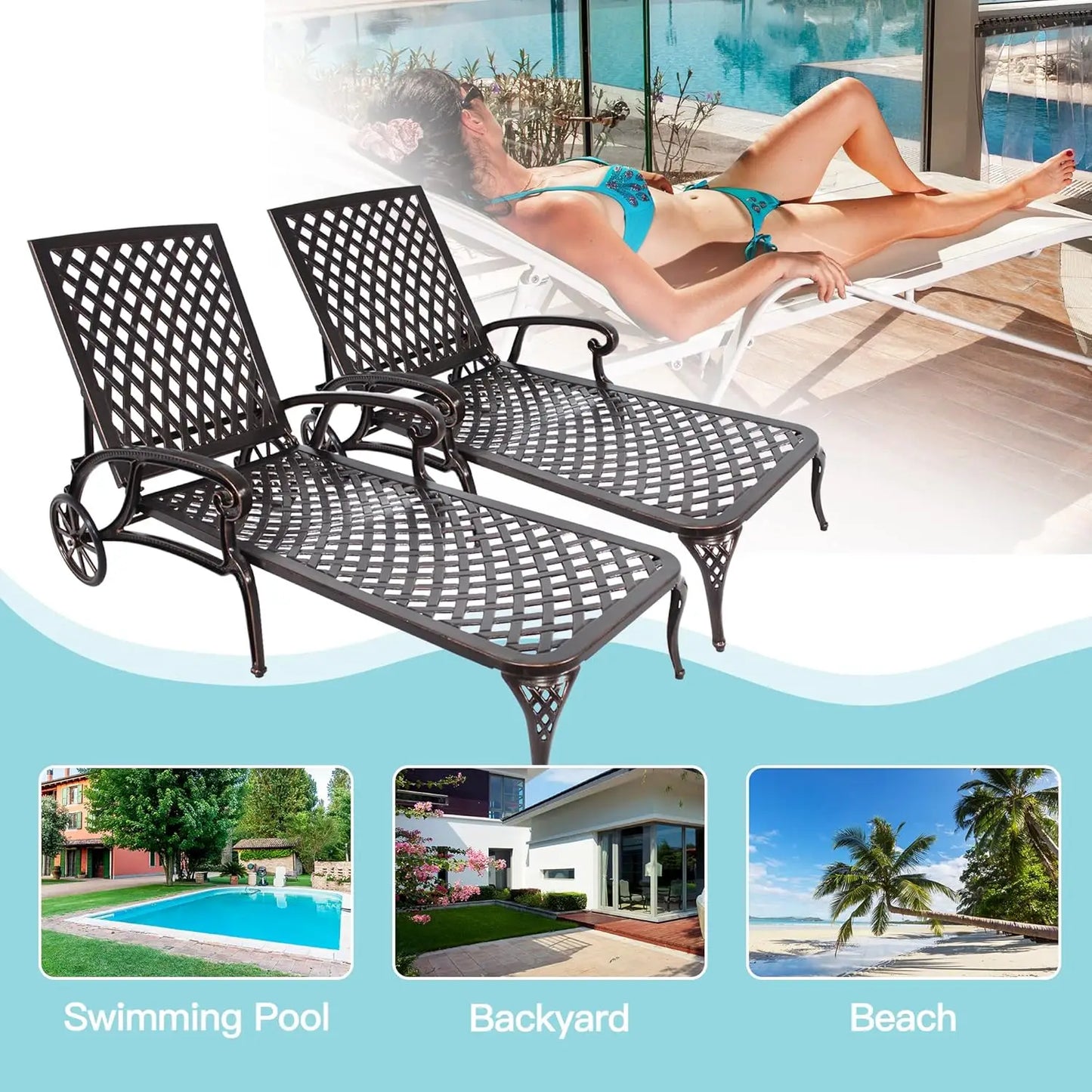 Bronze Chaise Lounge Chairs Set of 2 Adjustable Poolside Loungers