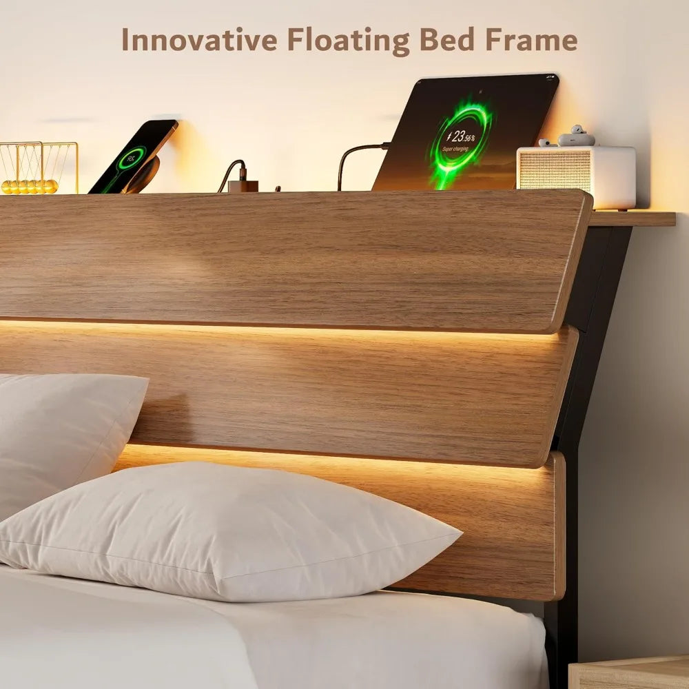 Floating King Size Metal Bed Frame with LED Lights and Storage