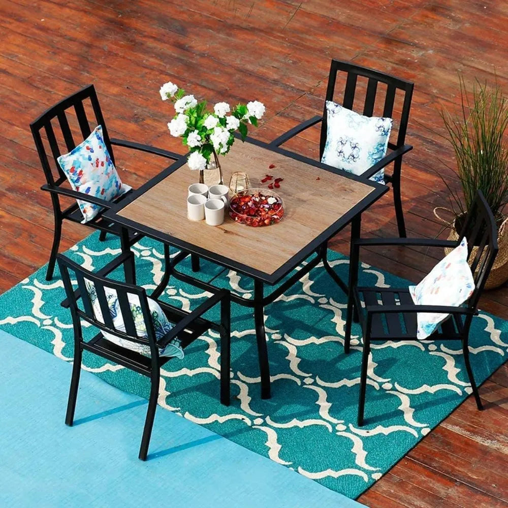 5 Piece Outdoor Dining Set for 4 with Stacking Wrought Iron Chairs