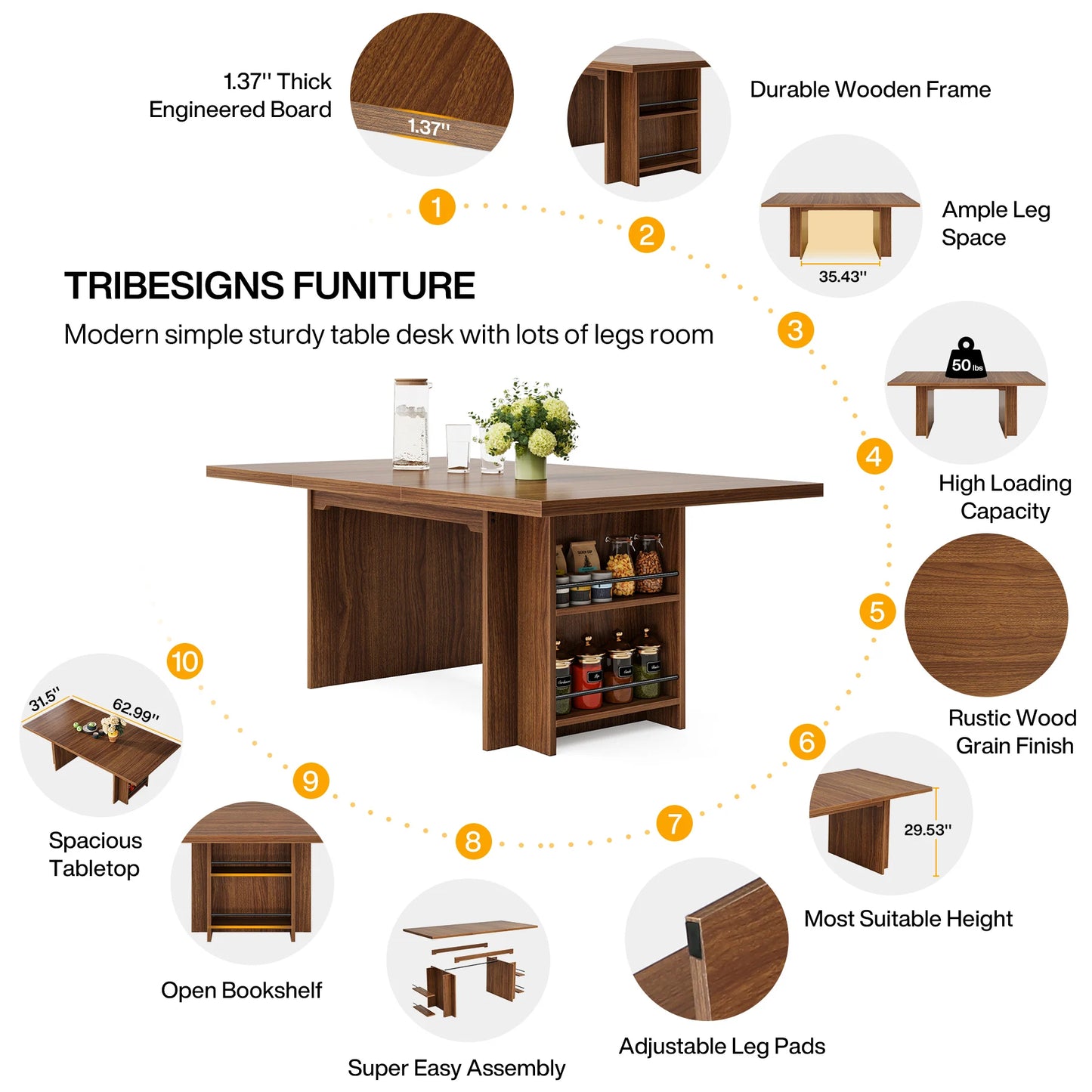 Tribesigns 63 Inch Wooden Dining Table for 6 to 8 with Storage