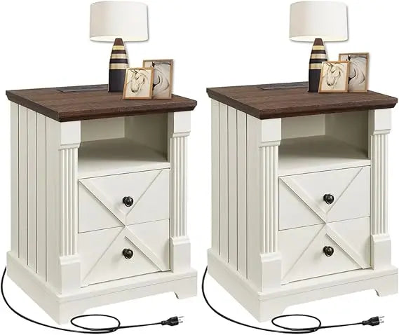 Rustic Nightstand with Charging Station and Barn Door Design