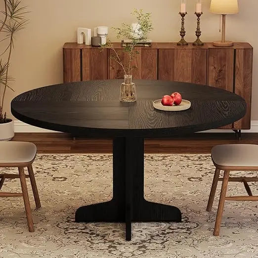 Round Dining Table for 4 with Wooden Base 47 Inch Black Circle