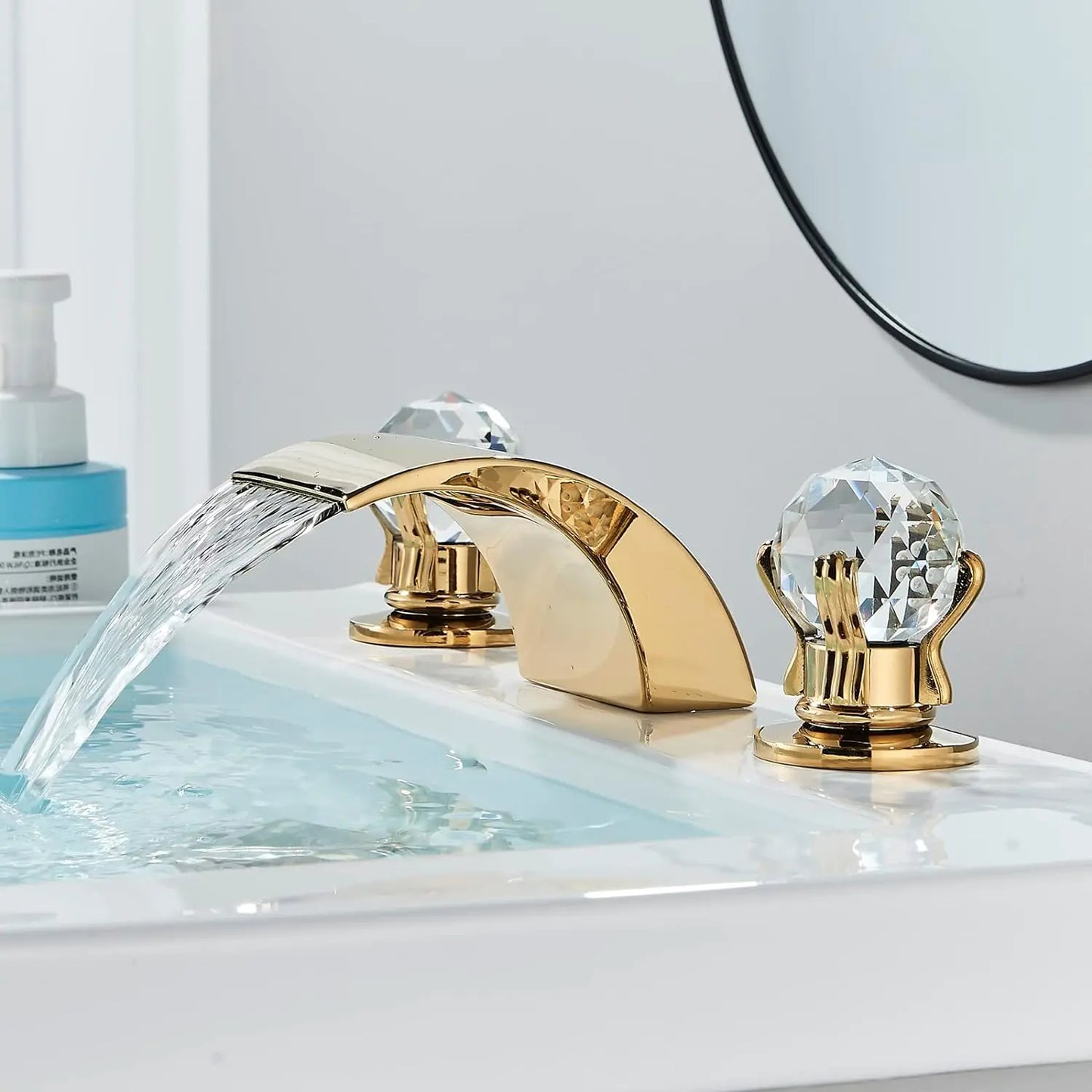 LED Widespread Bathroom Faucet Waterfall Gold Polished Design