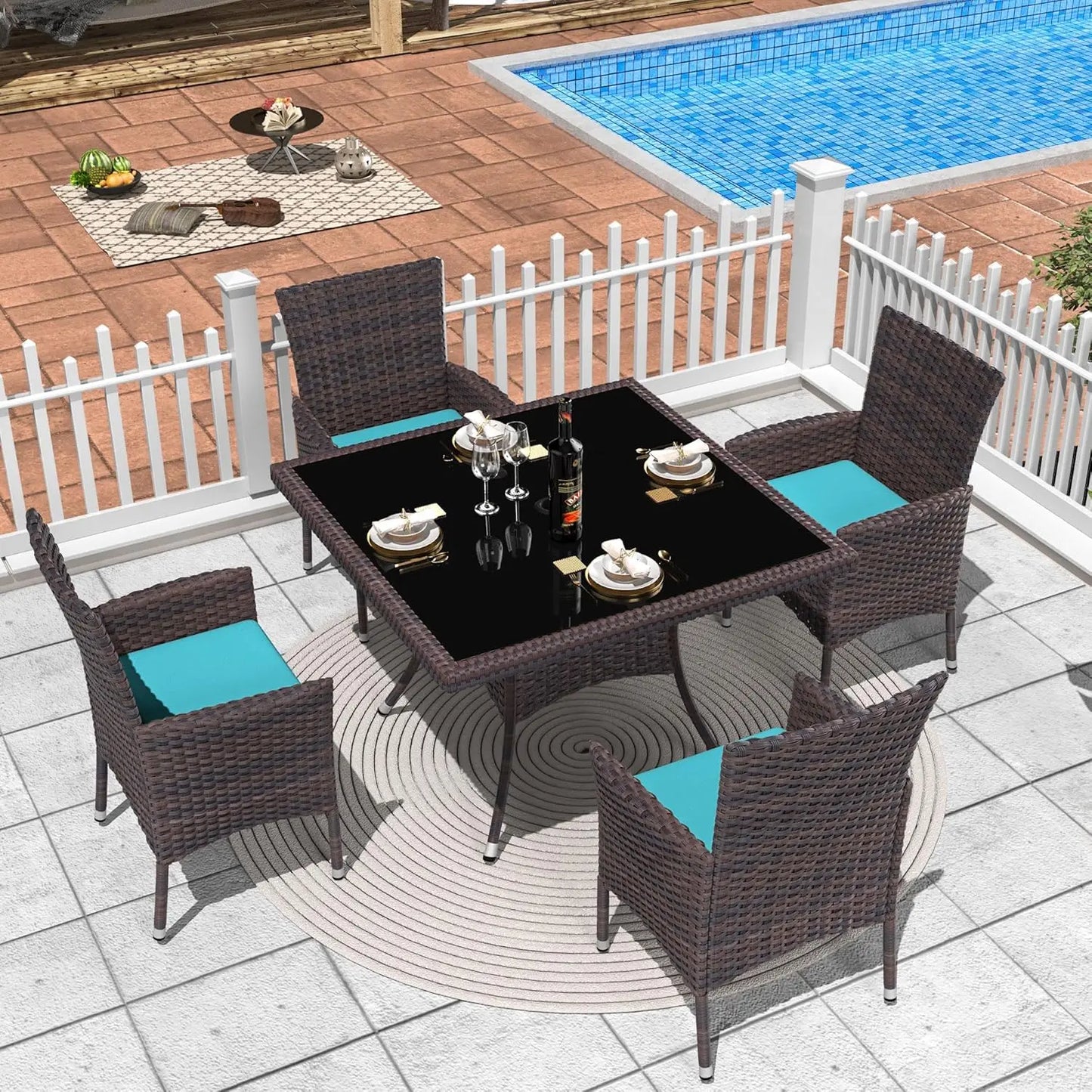 5 Piece Rattan Patio Dining Set with Cushions and Navy Blue Chairs