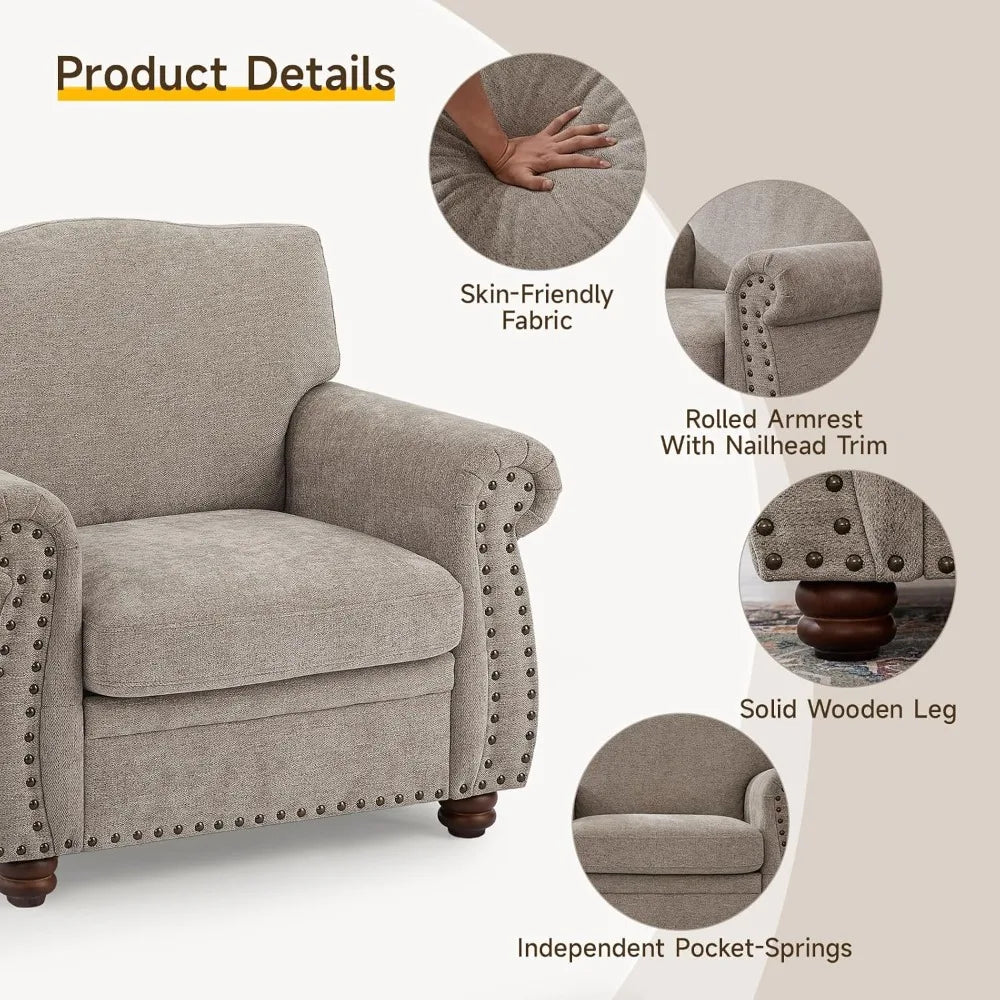 Beige Nailhead Trim Armchair Chenille Accent Chair for Living Room