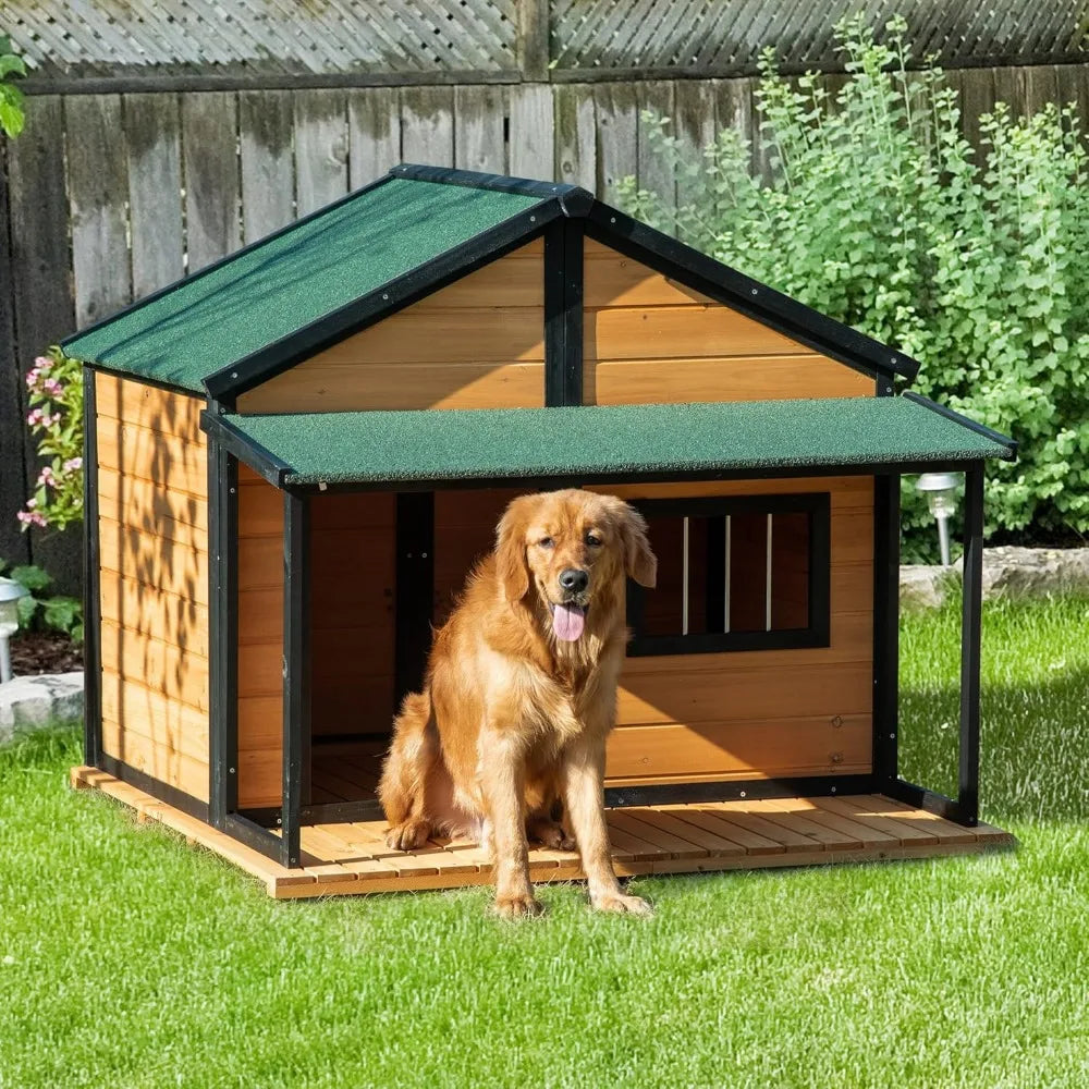 Wooden Raised Outdoor Dog House Cabin Style with Porch and Window
