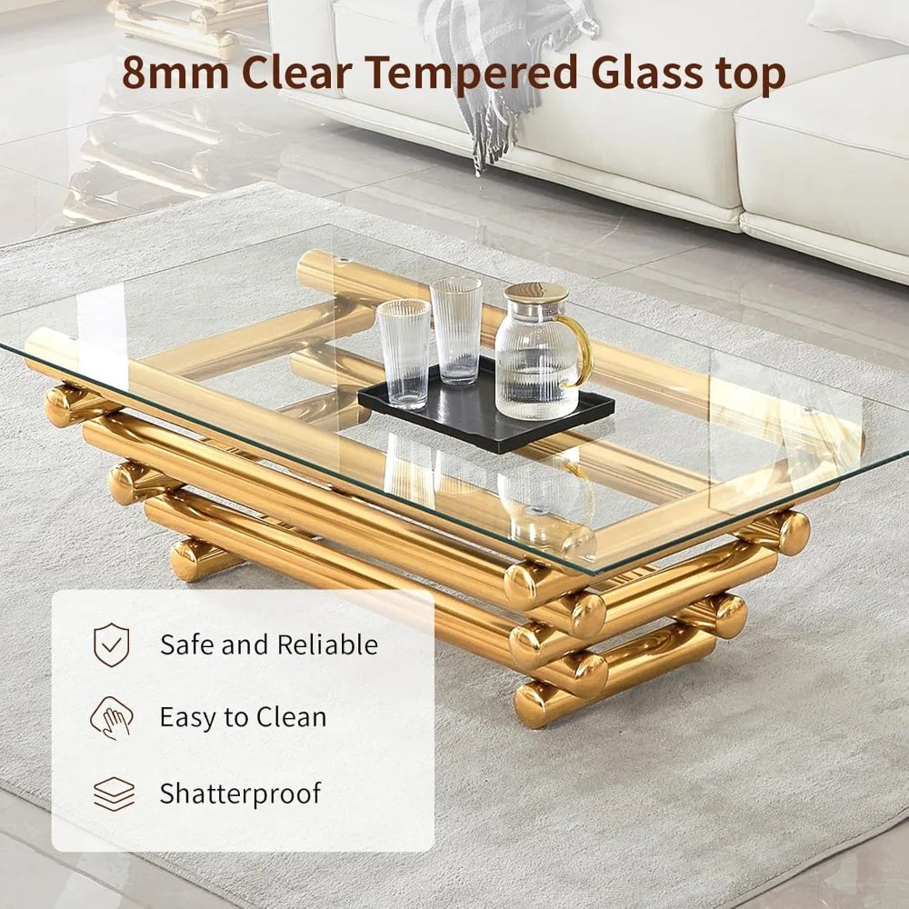Modern 55 Inch Glass Coffee Table with Gold Stainless Steel Legs