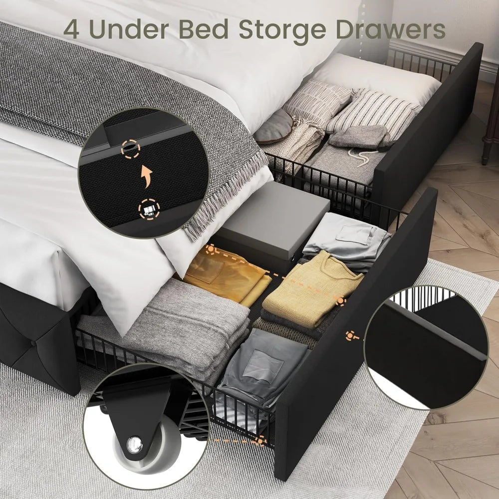 King Size Velvet Upholstered Bed Frame with Storage Drawers