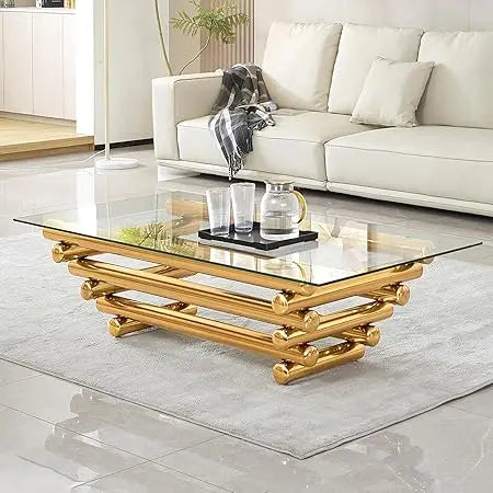 Modern 55 Inch Glass Coffee Table with Gold Stainless Steel Legs