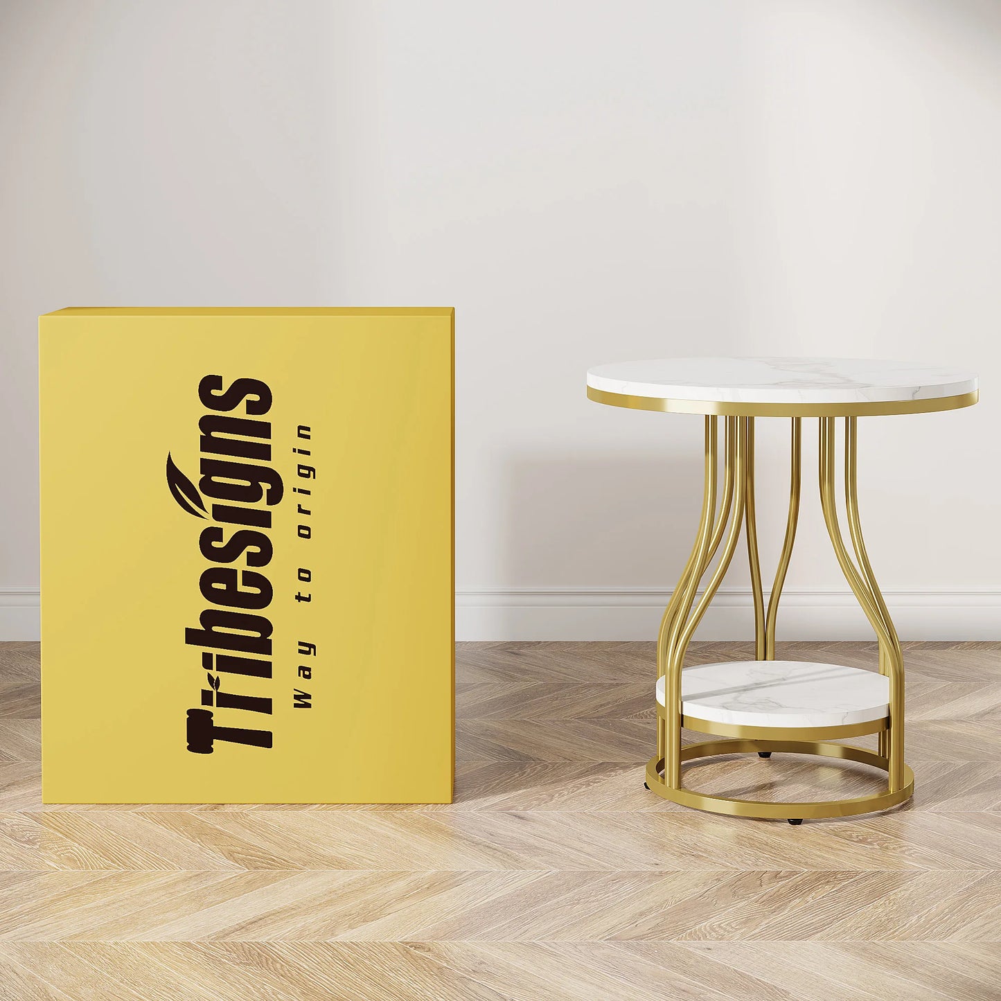 Tribesigns Modern White Gold Round Side Table with Storage