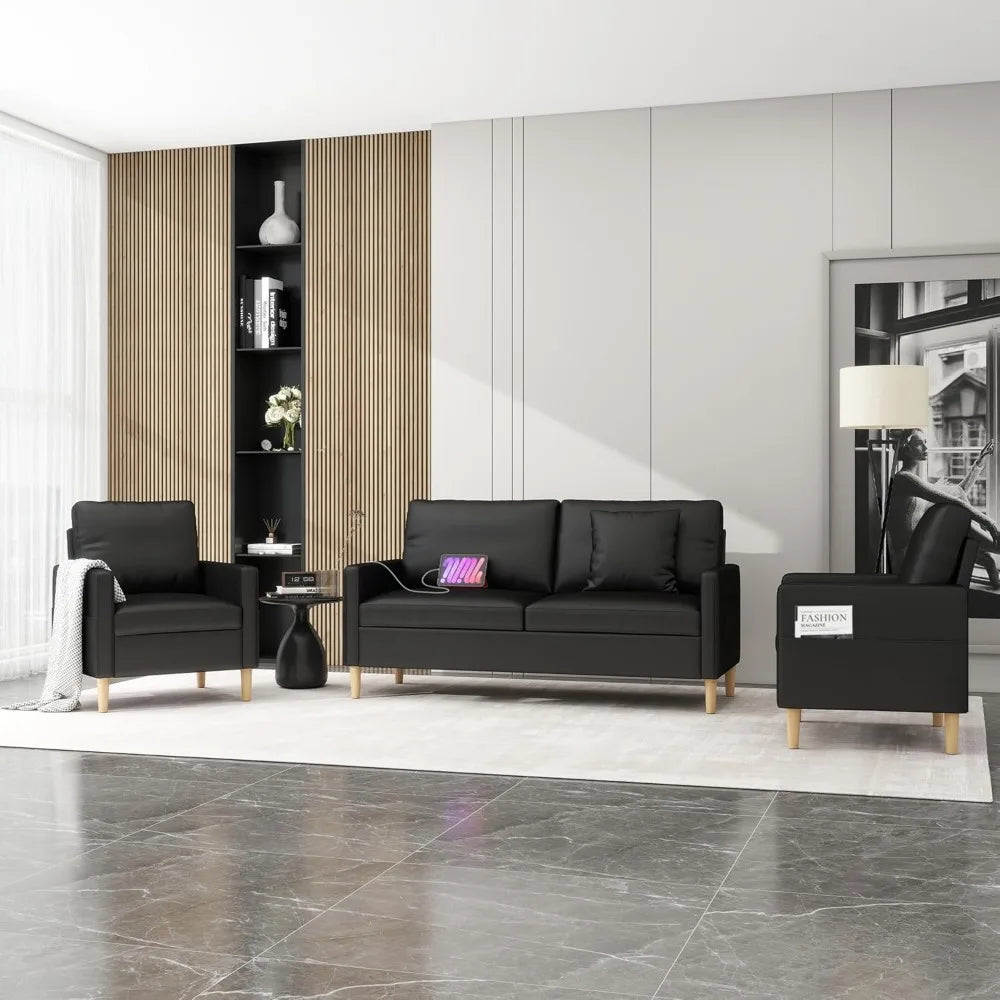 66 Inch Black Faux Leather Sofa Set with USB Mid Century Modern