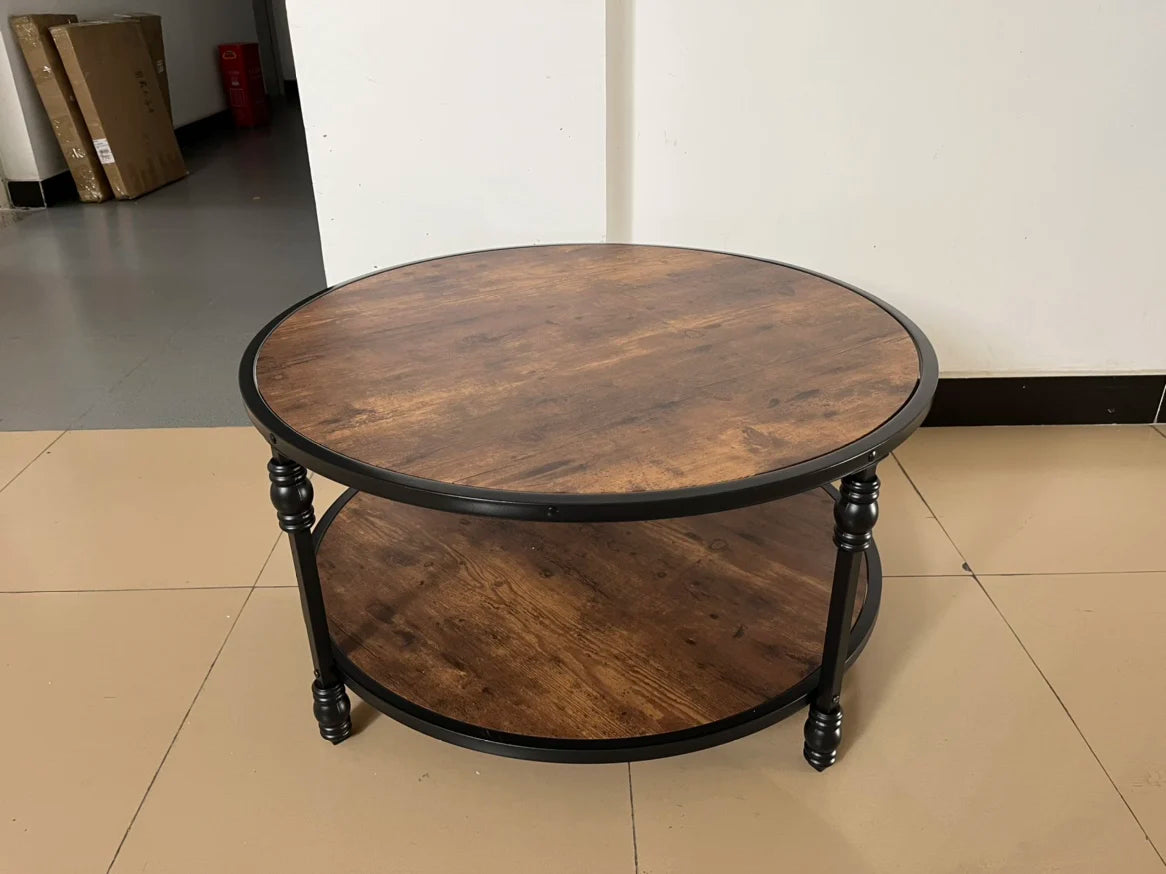 Rustic Round Coffee Table with Storage Shelf and Metal Legs