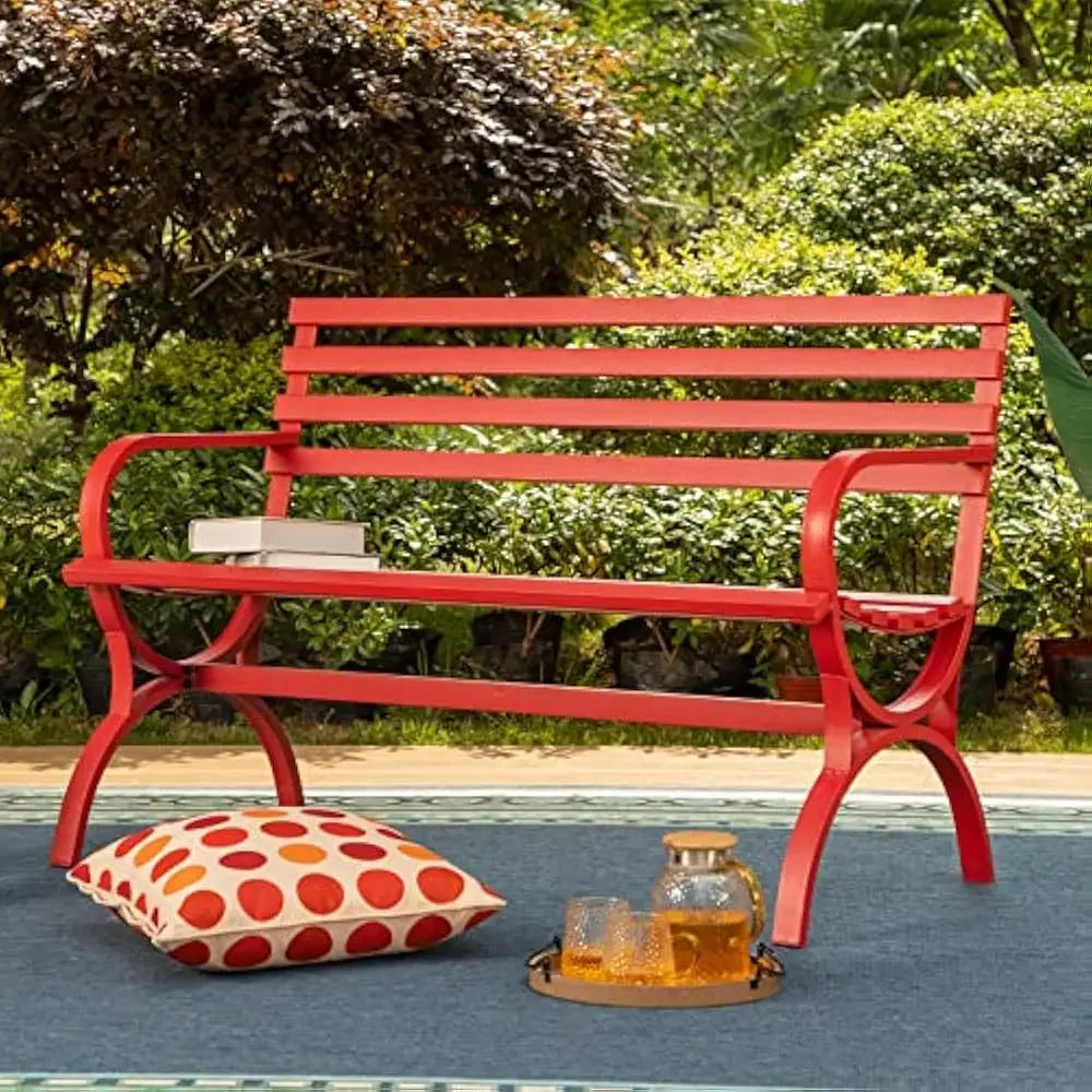 50 Inch Outdoor Garden Bench with Floral Design Metal Frame