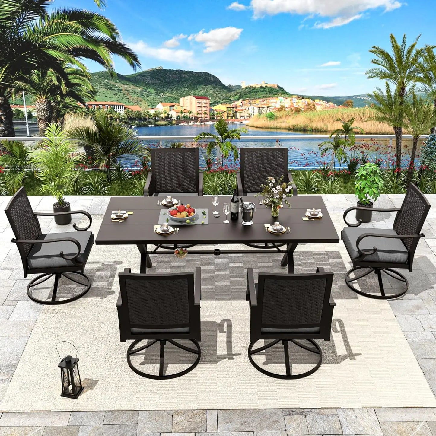 5 Piece Rattan Patio Dining Set with Cushions and Navy Blue Chairs