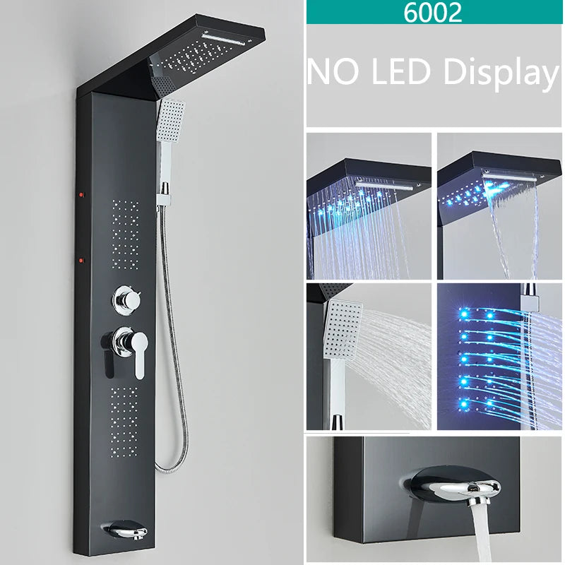 LED Shower Panel Matte Black Rainfall System with Massage Jets