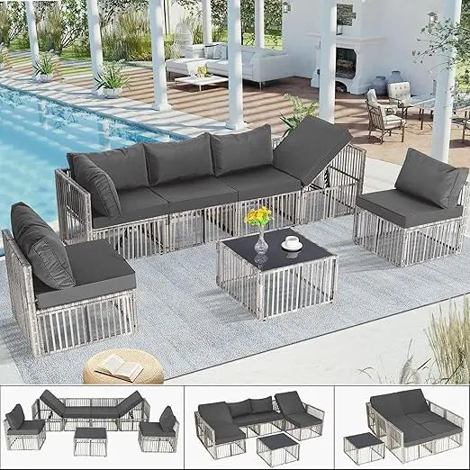 7 Piece Wicker Outdoor Patio Furniture Set with Blue Cushions