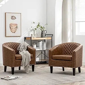 29 Inch Faux Leather Barrel Chairs Set of 2 Modern Accent Chairs