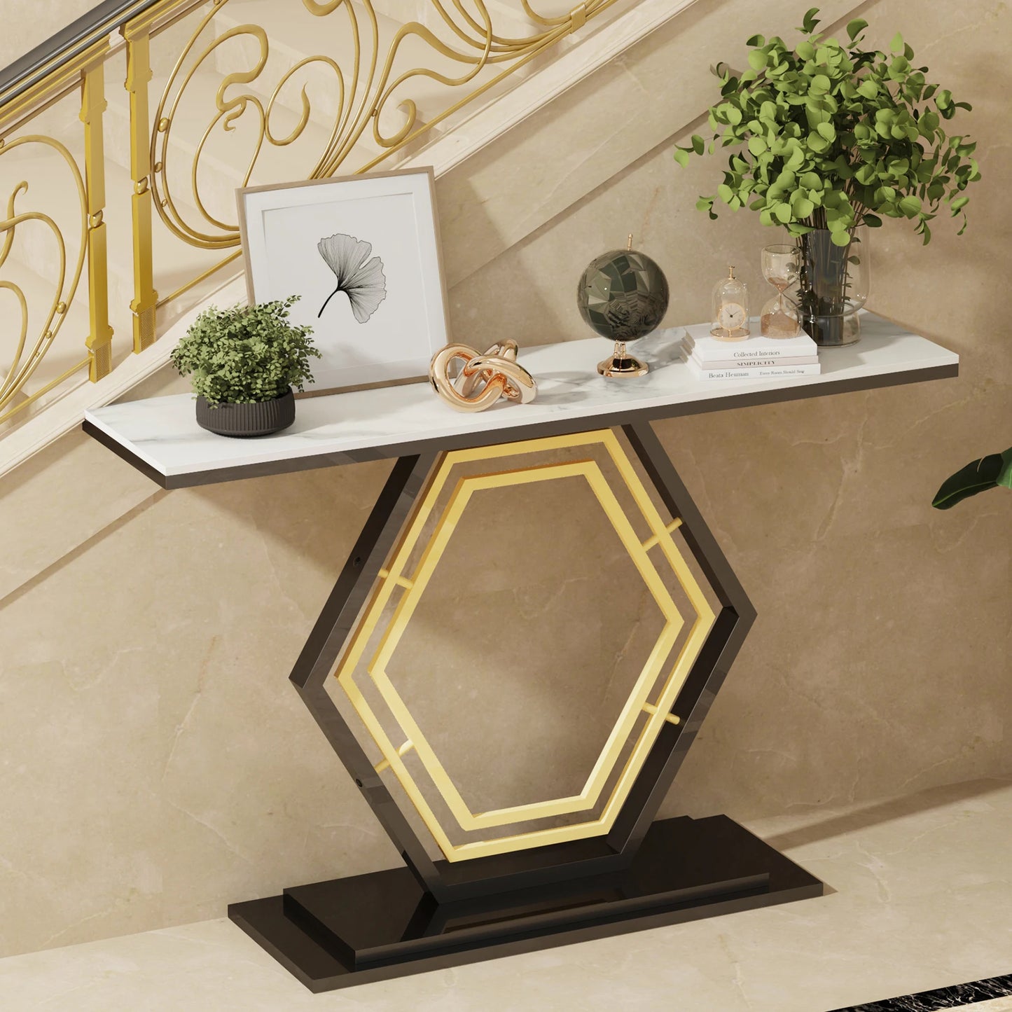 Modern Metal Console Table with Sintered Stone Top for Entryway