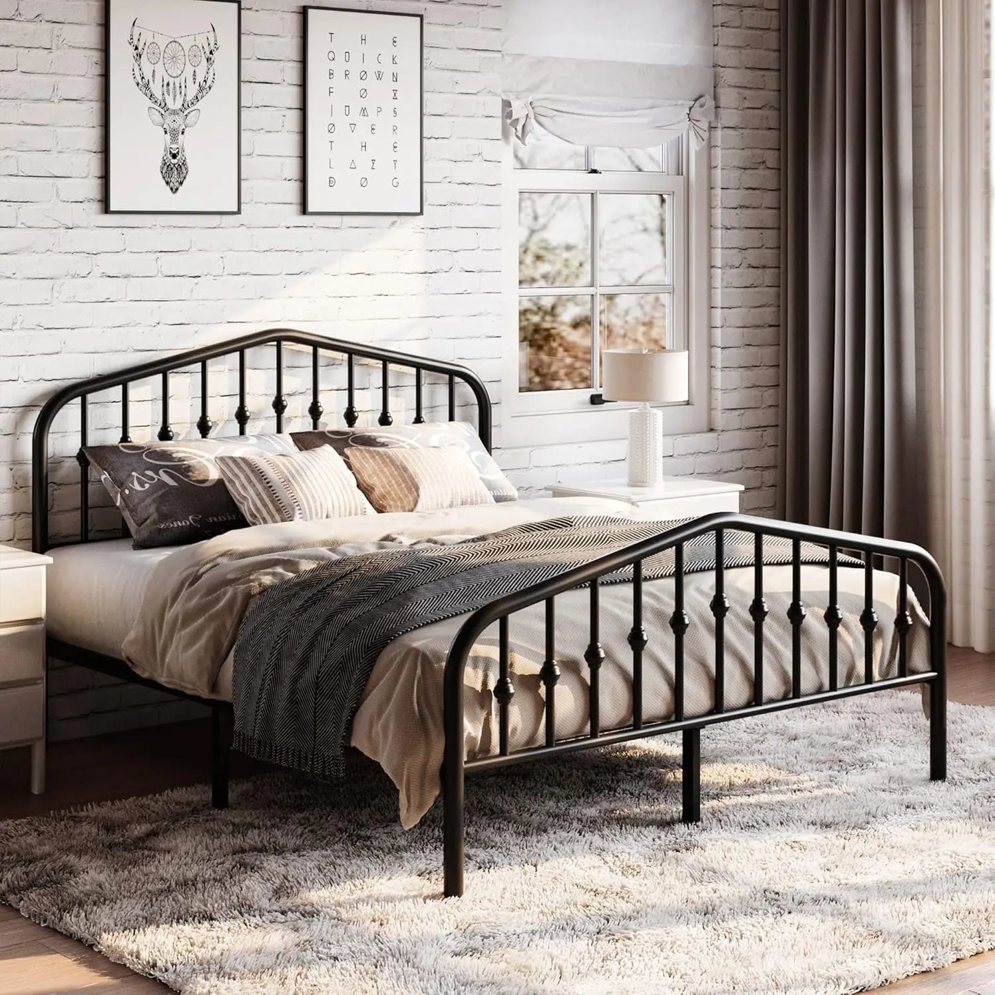 Queen Size Metal Platform Bed Frame with Victorian Wrought Iron
