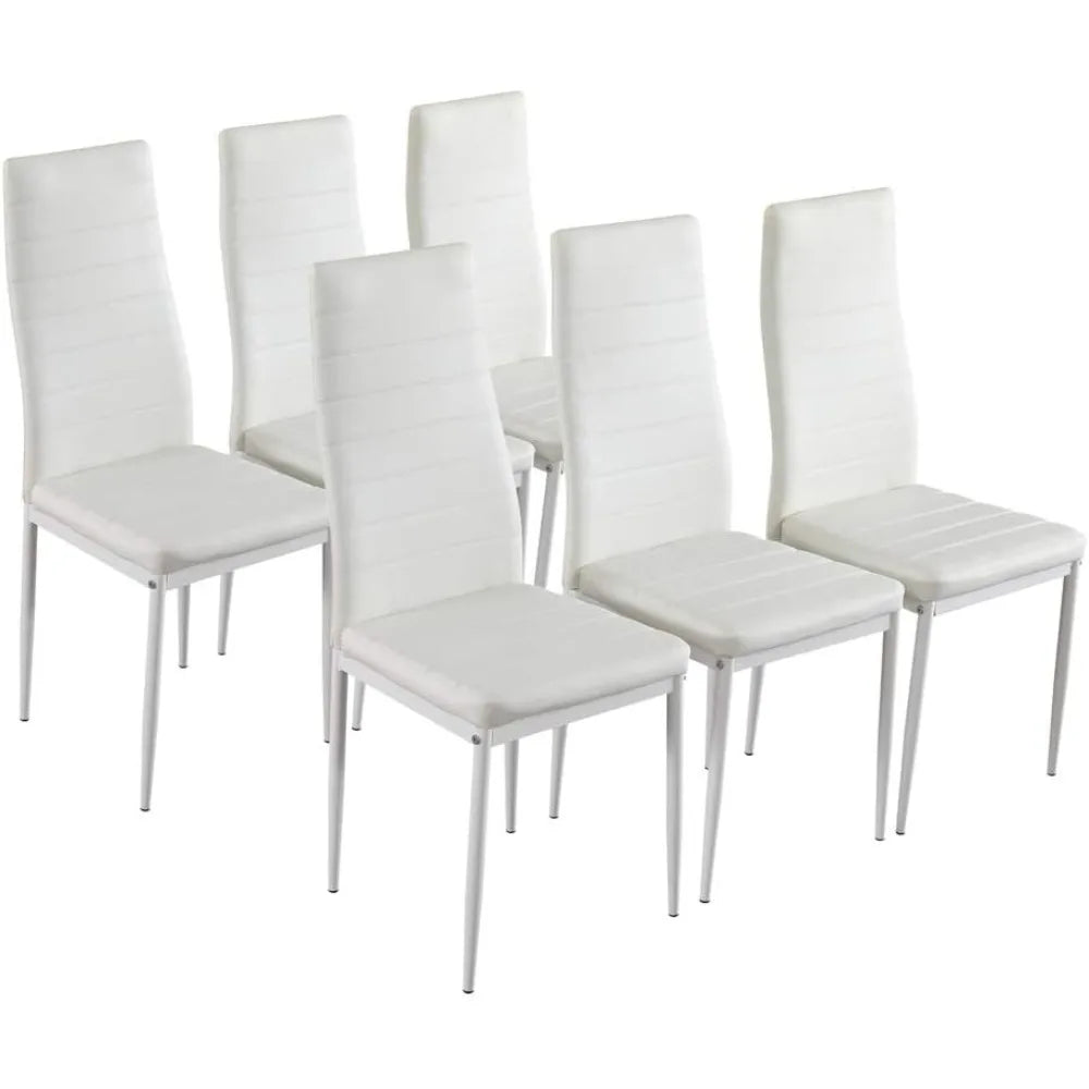 White Leather Dining Chair Set of 6 with Curved Back Support