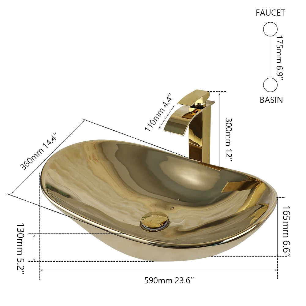 ZAPPO Luxury Gold Vessel Sink and Faucet Combo for Bathrooms
