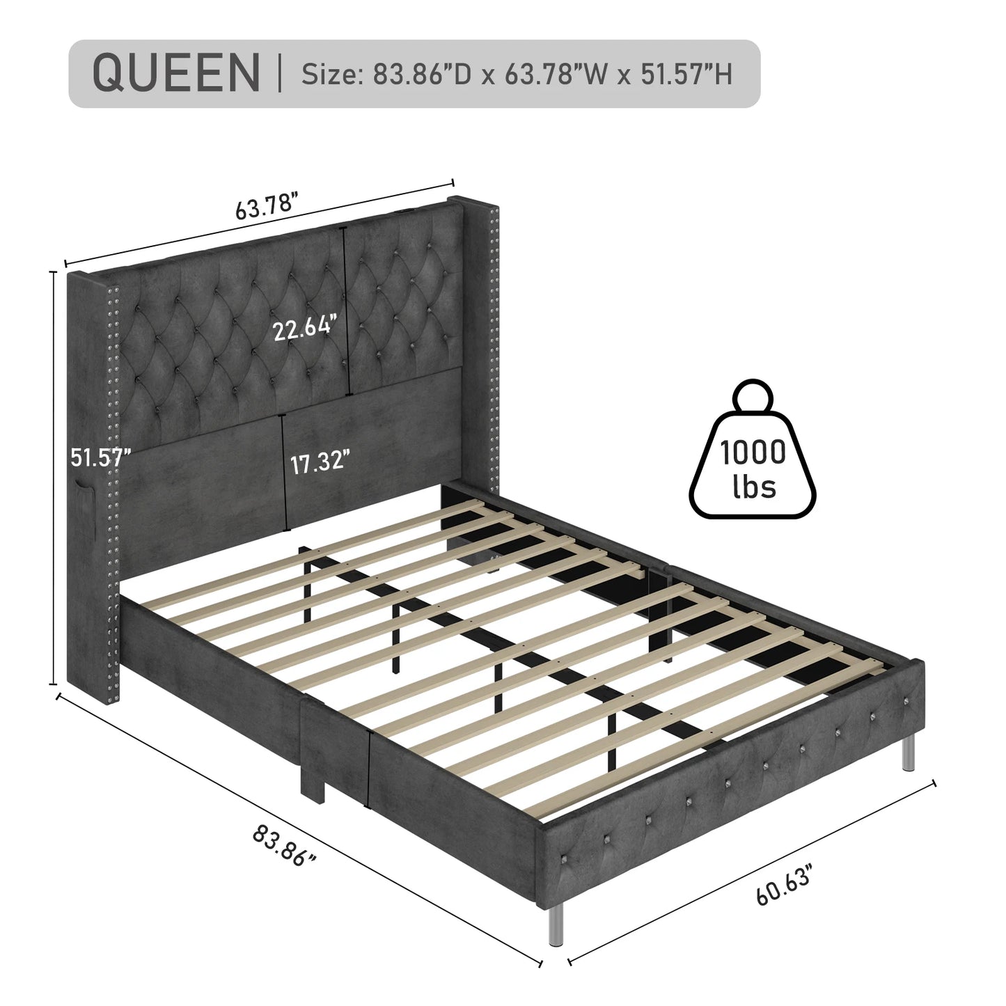 Queen Size Upholstered Bed Frame with Wingback Headboard and LED