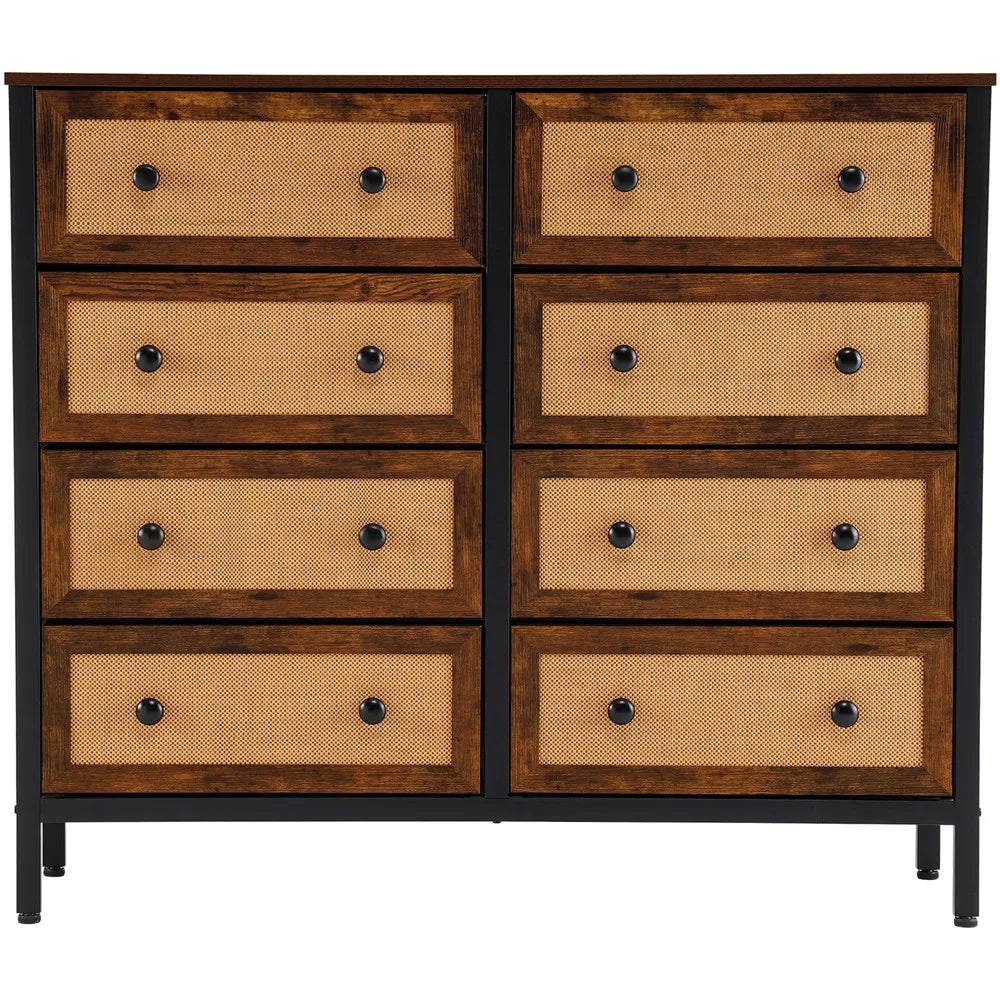 Rattan Woven Dresser 8 Drawer Chest of Drawers for Bedroom Storage