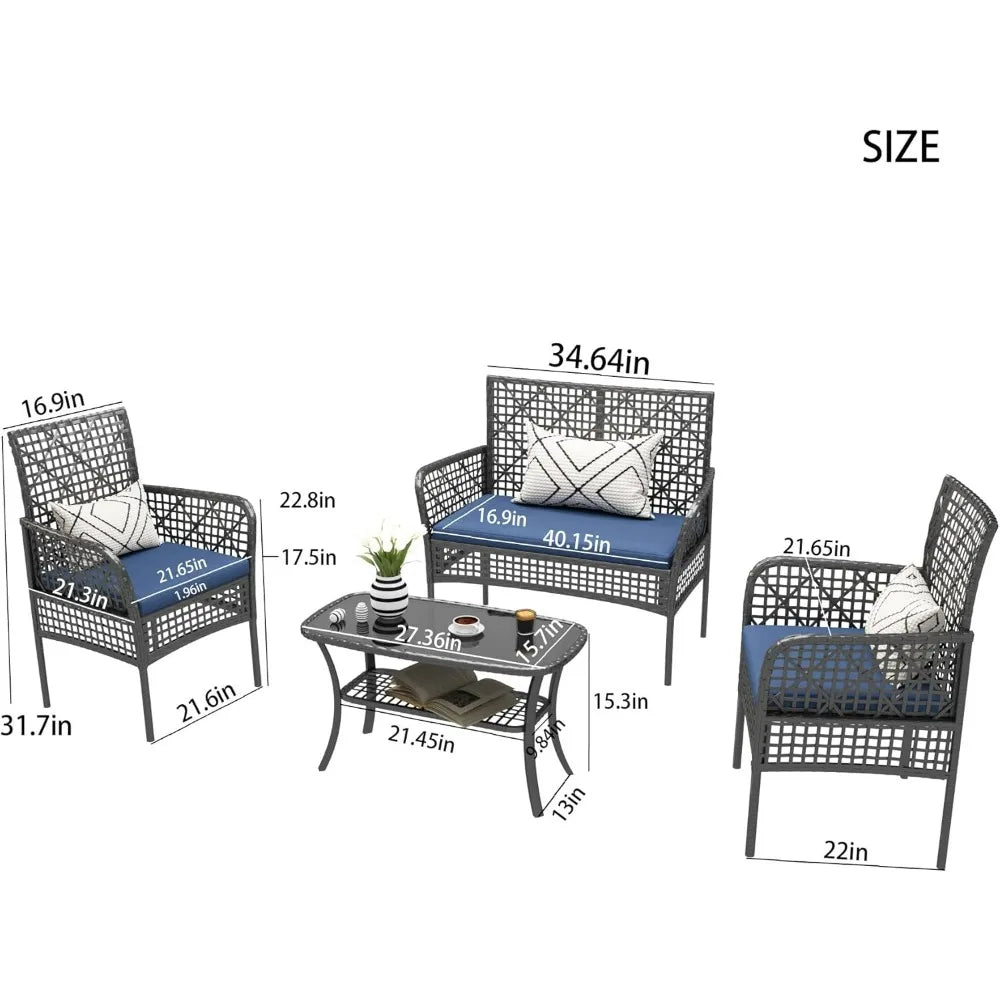 4 Piece Outdoor Patio Furniture Set with Cushions and Table