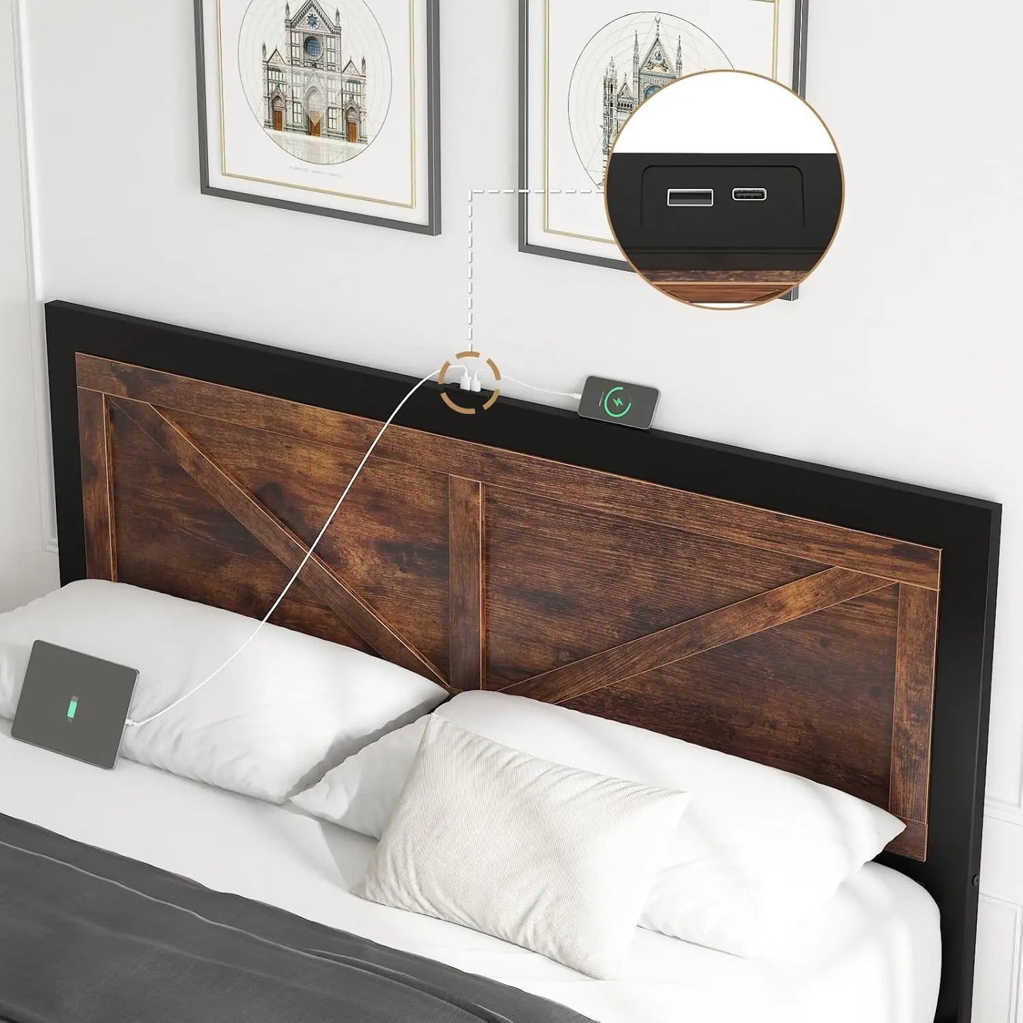 Queen Size LED Bed Frame with Rustic Wood Headboard and Charger